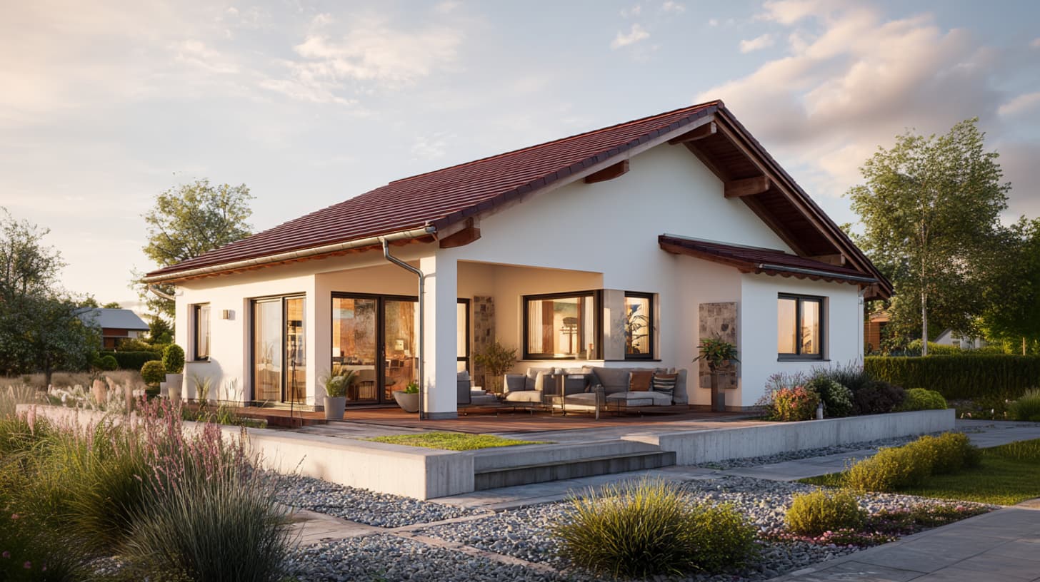 Einfamilienhaus in moderner Bauweise mit offener Terrassengestaltung und großen Glasflächen