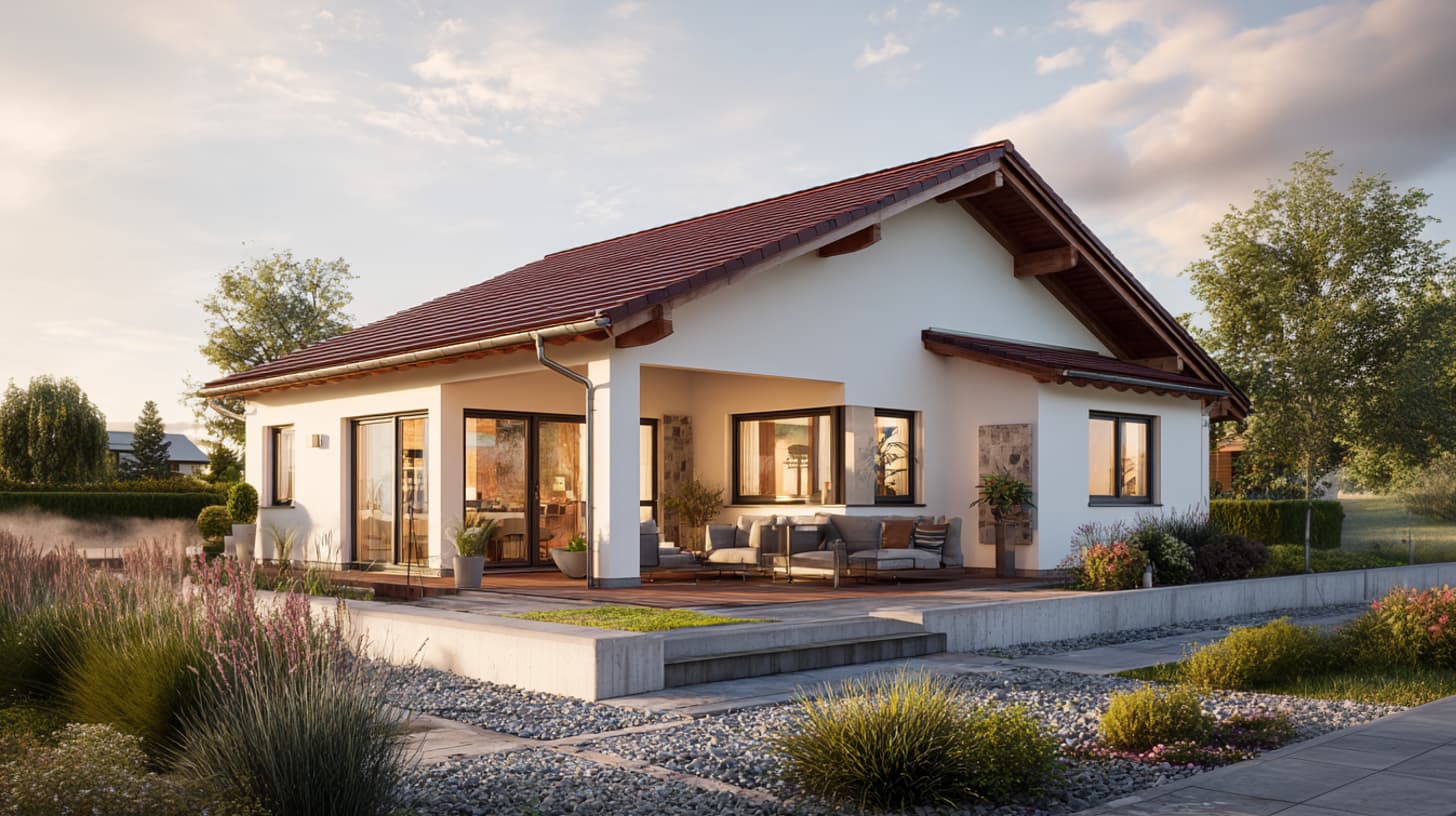 Zeitgemäßes Haus mit überdachter Terrasse, warmem Licht und klarer, moderner Architektur