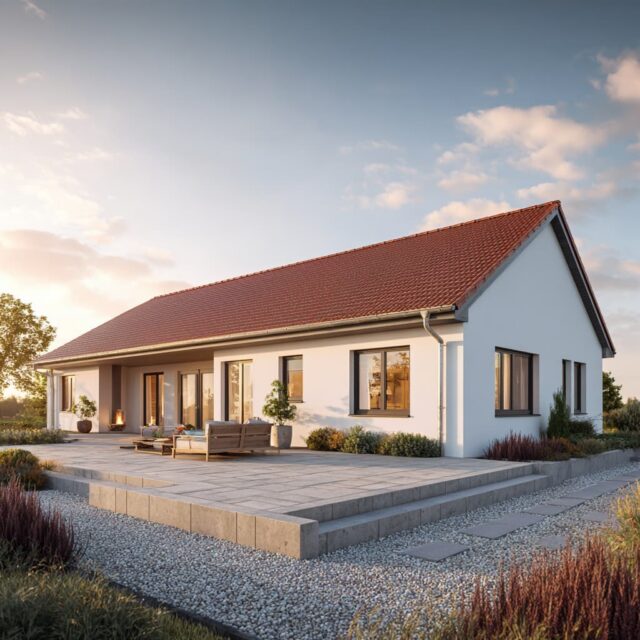 Eingeschossiges Wohnhaus mit großzügiger Terrasse, bodentiefen Fenstern und Gartenumfeld