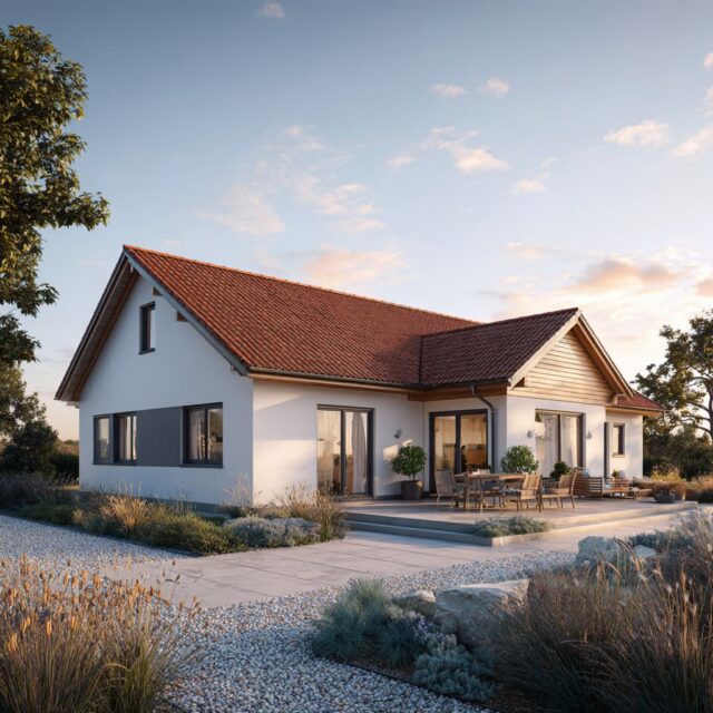 Modernes Einfamilienhaus mit rotem Satteldach, heller Fassade und befestigtem Zugangsweg