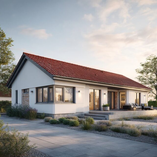 Einfamilienhaus in moderner Bauweise mit Terrasse, Gartenanlage und warmem Abendlicht