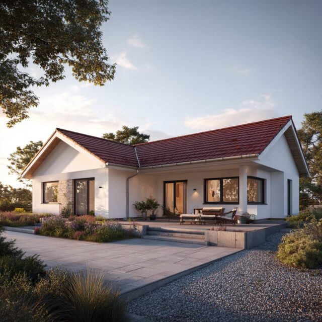 Moderne Hausarchitektur mit Satteldach, großzügiger Verglasung und gepflastertem Außenbereich