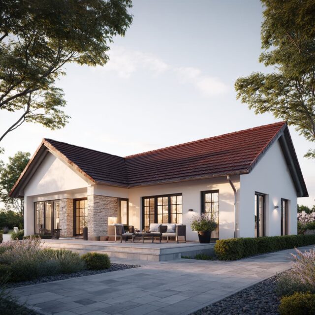 Zeitgemäßes Einfamilienhaus mit klarer Architektur, heller Putzfassade und gepflegtem Garten