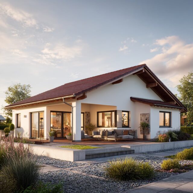 Eingeschossiges Wohnhaus mit rotem Satteldach, bodentiefen Fenstern und überdachter Terrasse