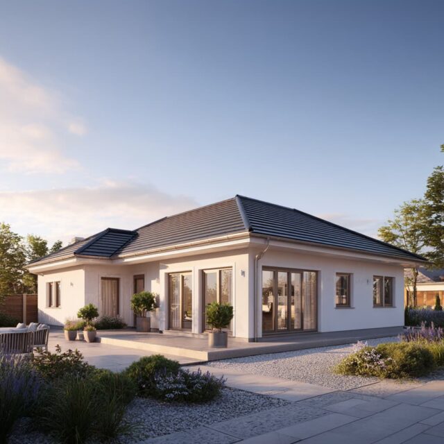 Eingeschossiges Wohnhaus mit Terrasse, großen Fenstern und Gartenfläche