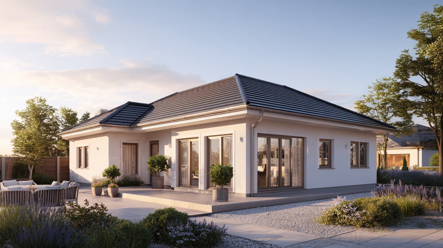 Hausaußenansicht eines modernen Bungalows mit Satteldach und Glasfront