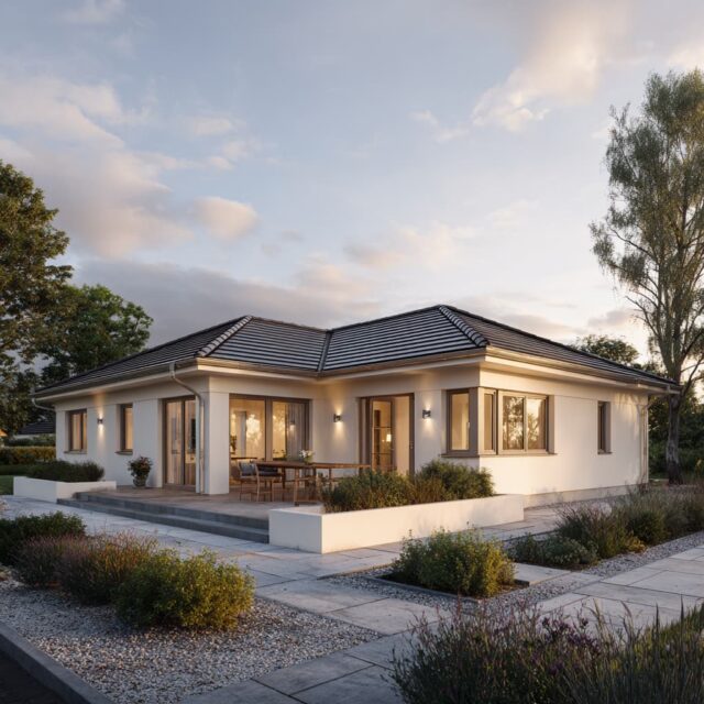 Zeitgemäßer Bungalow mit überdachtem Eingangsbereich und Terrassenzone