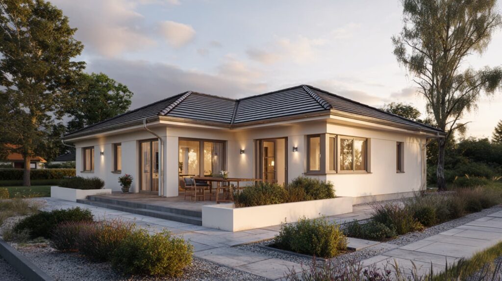 Moderner Bungalow mit bodentiefen Fenstern und angrenzender Terrasse