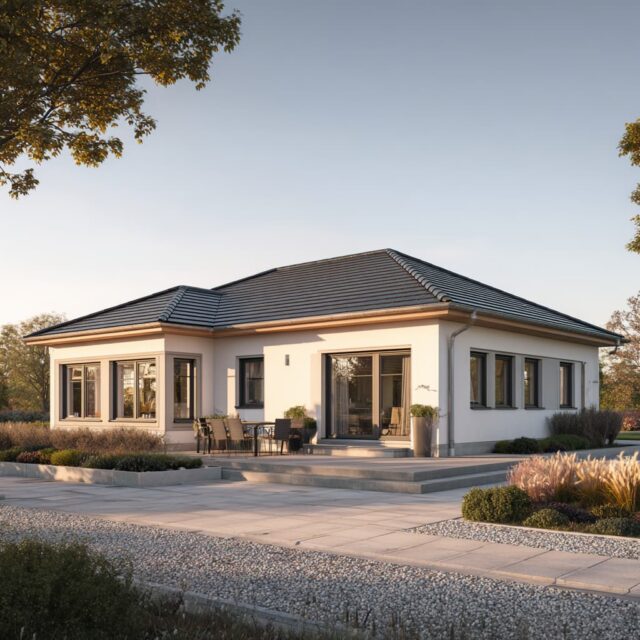 Eingeschossiger Bungalow mit Satteldach und offener Außenfläche