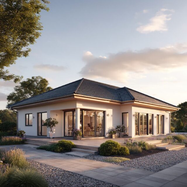 Außenansicht eines Bungalows mit Terrasse und umliegender Grünfläche