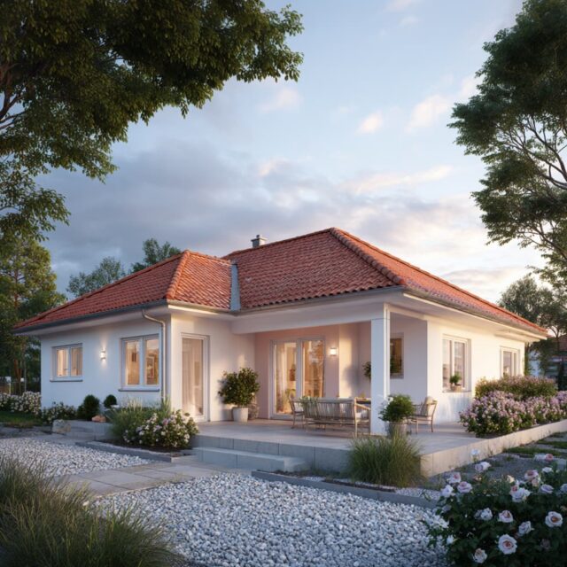 Zeitgemäßer Bungalow mit heller Fassade und strukturierter Außenfläche