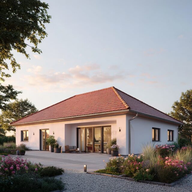 Außenansicht eines Bungalows mit Satteldach und bodentiefen Fenstern