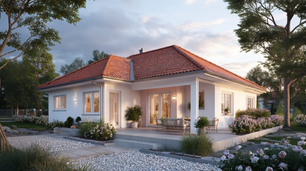 Wohnhaus mit Terrasse, Glasflächen und schlichter Fassadengestaltung