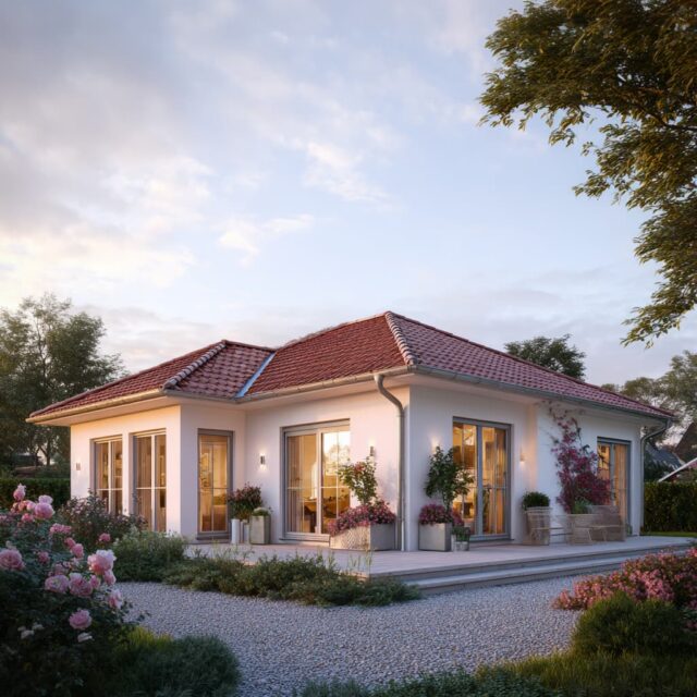 Hausansicht mit gepflastertem Vorbereich und angrenzender Grünfläche