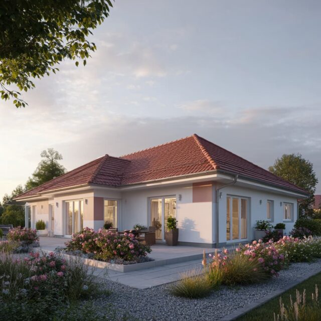 Außenperspektive eines modernen Bungalows mit Terrassenzone