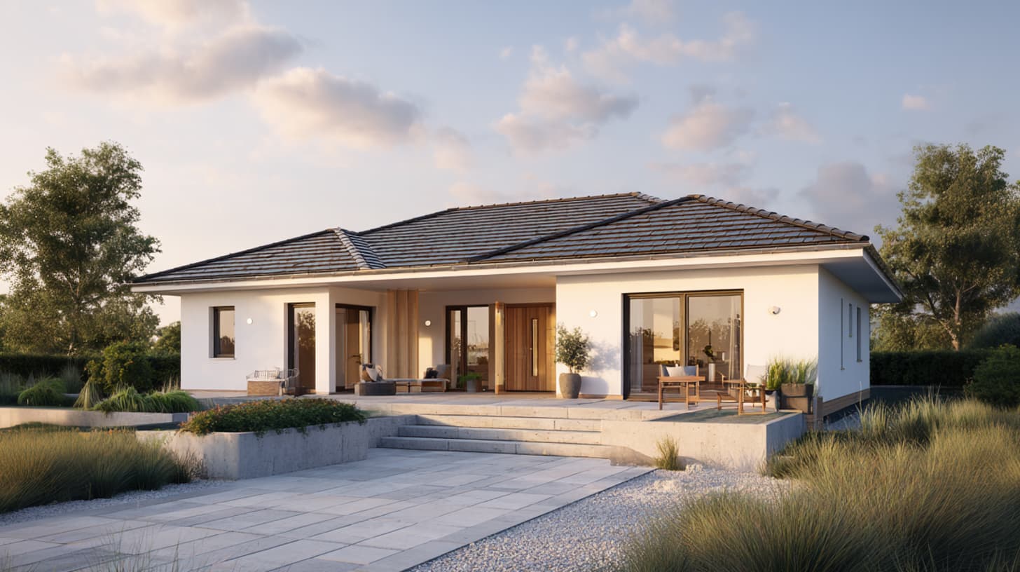 Wohngebäude mit heller Putzfassade und großflächiger Verglasung