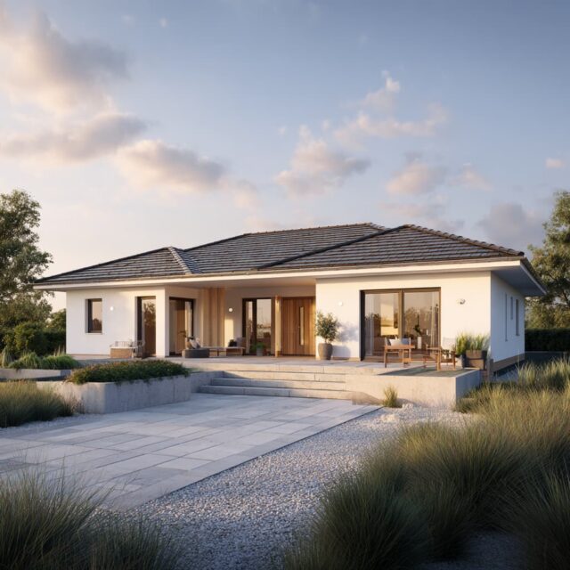 Bungalow mit zeitgemäßer Architektur und strukturierter Außenanlage
