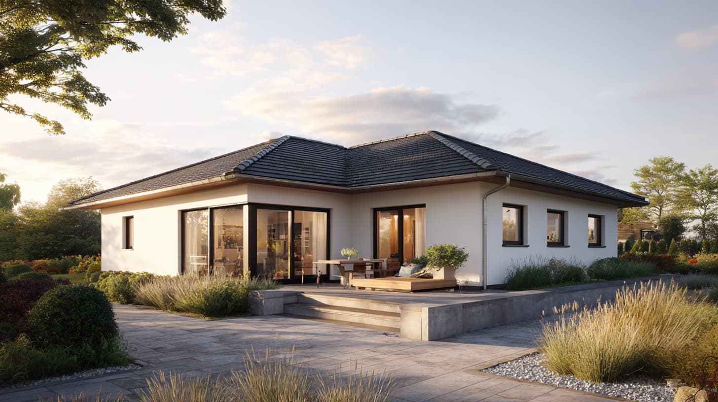 Bungalow mit überdachter Terrasse und Glasfront