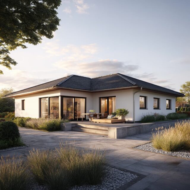 Moderner Bungalow mit Satteldach und befestigtem Außenbereich
