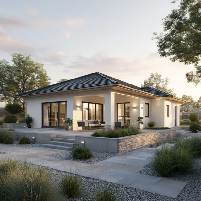 Außenansicht eines eingeschossigen Bungalows mit Terrasse