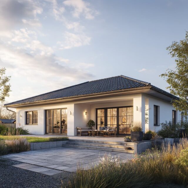 Wohnhaus mit bodentiefen Fenstern und Gartenanschluss