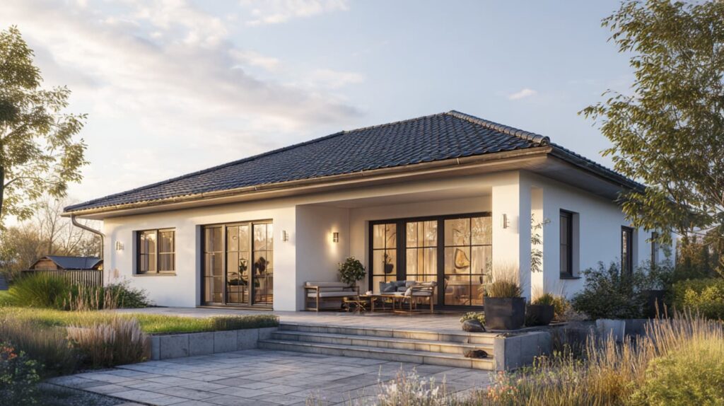 Hausaußenansicht mit moderner Bauform und Satteldach