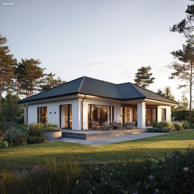 Eingeschossiger Bungalow mit Terrassenfläche und Grünumfeld