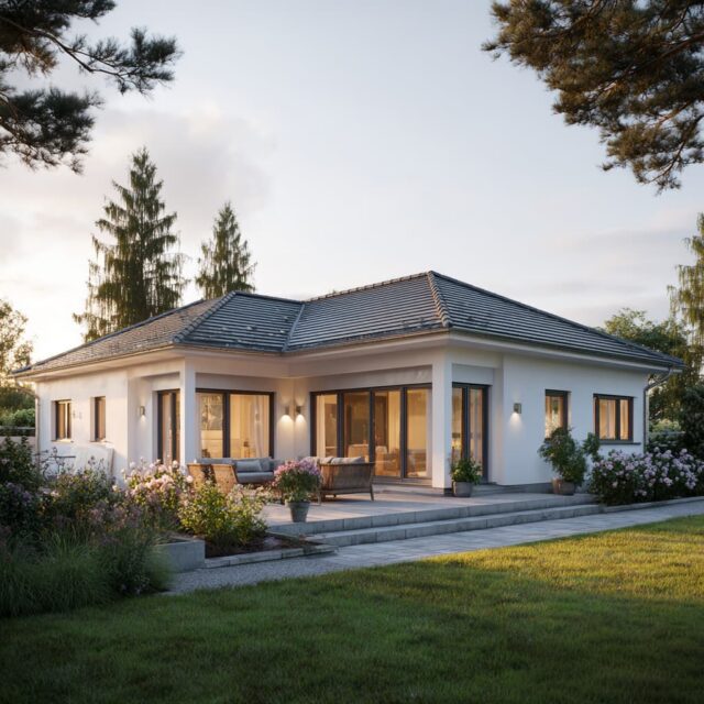 Hausansicht mit Glasfronten und befestigtem Zugangsweg