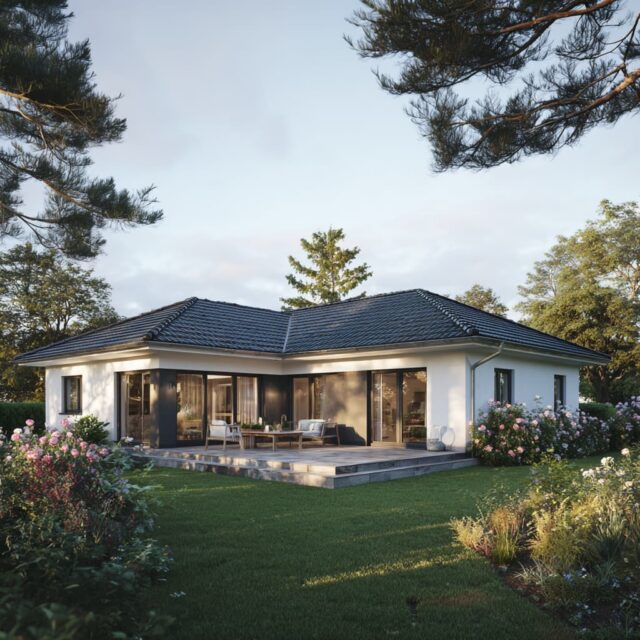 Außenperspektive eines Bungalows mit Terrasse und Gartenbereich