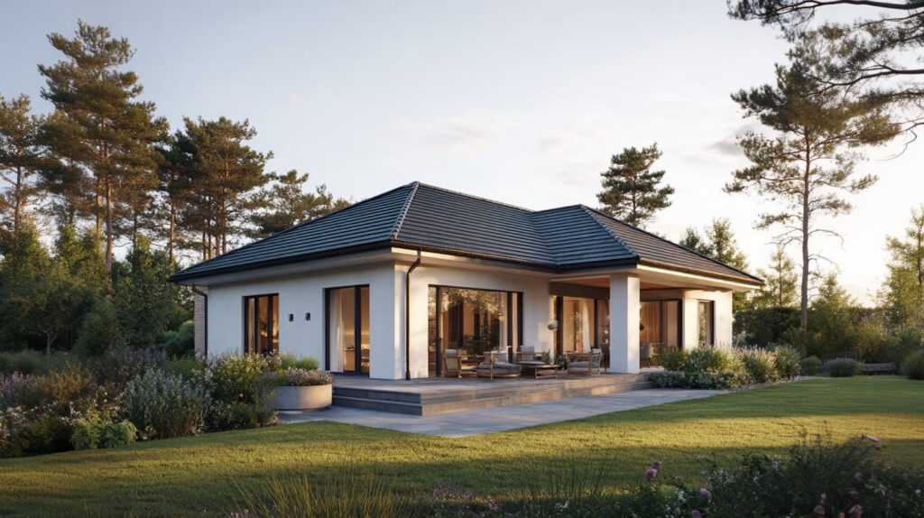 Außenansicht eines Wohngebäudes mit Glasfront und Garten