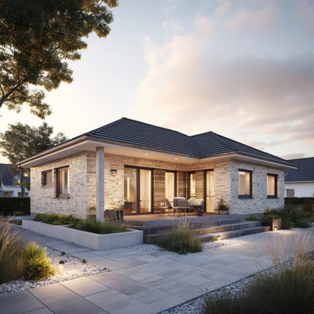 Moderner Bungalow mit strukturierter Außenfläche und Terrasse