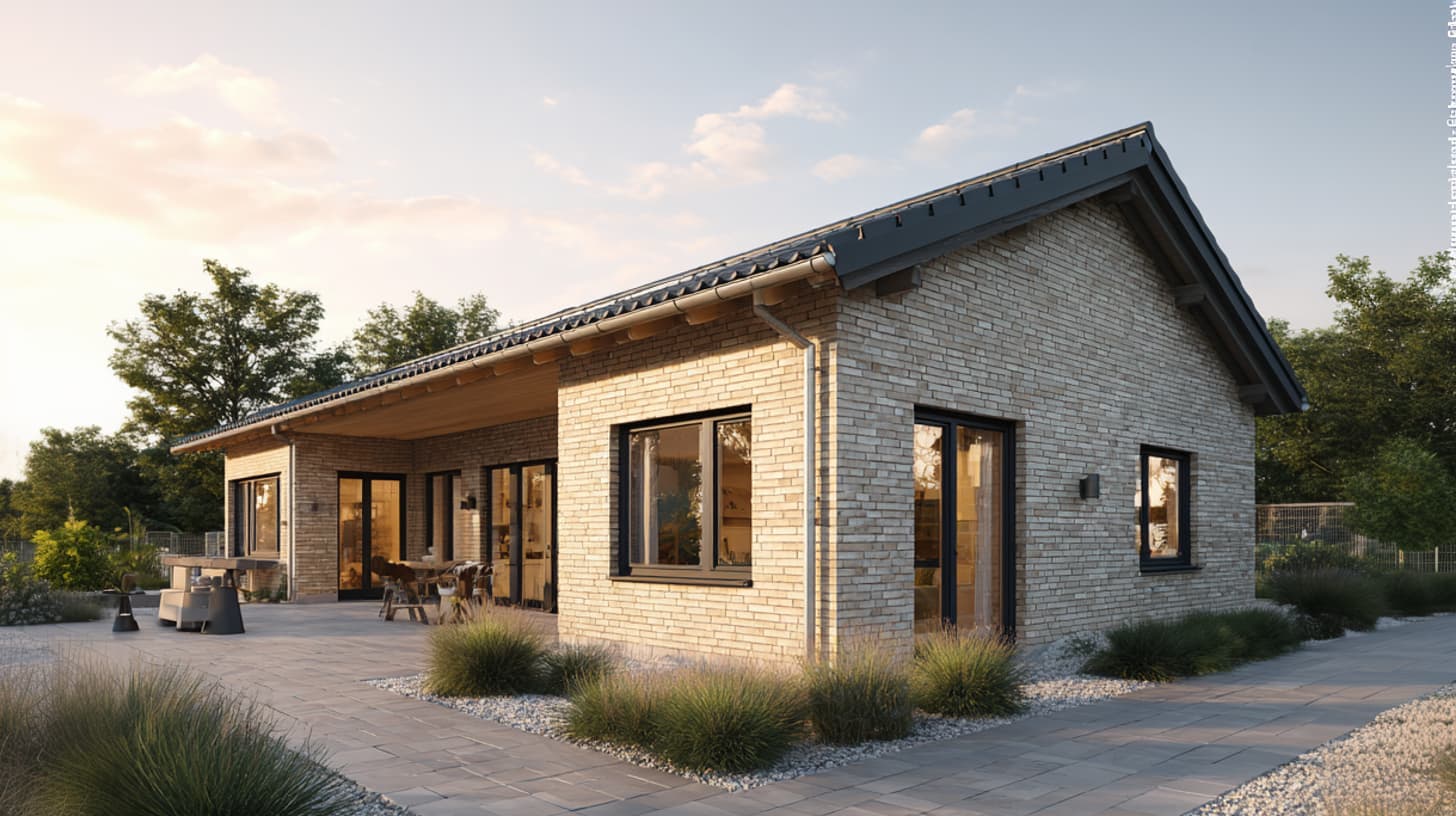 Hausansicht mit Terrasse und angrenzender Grünfläche