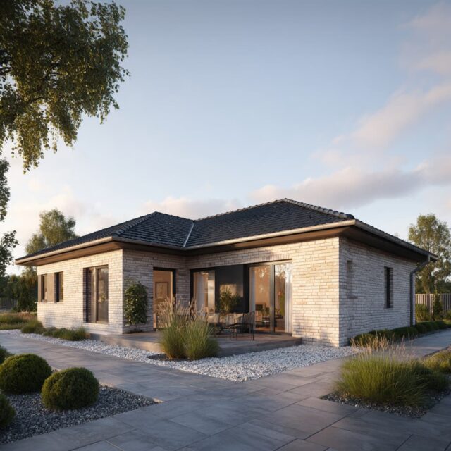 Außenperspektive eines Bungalows mit Satteldach und Glasflächen