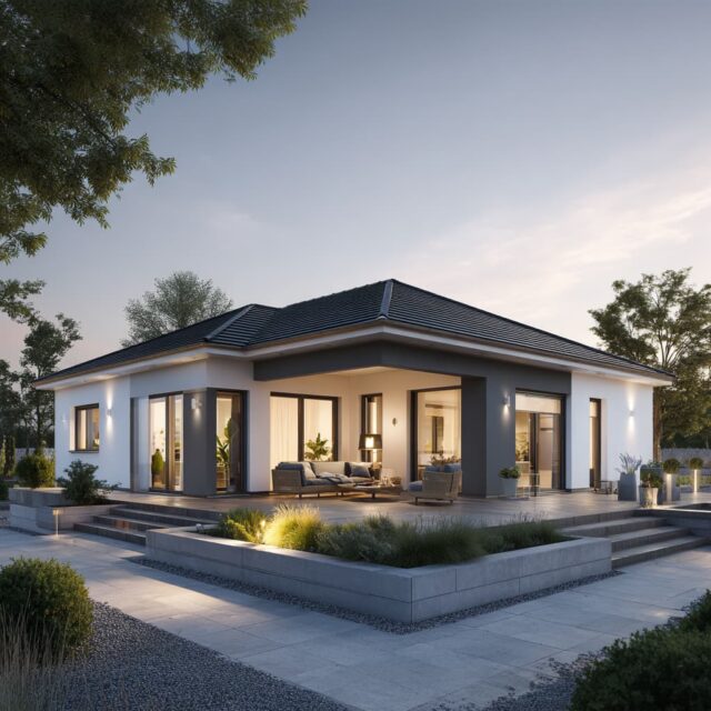 Bungalow mit heller Fassade, Satteldach und gepflastertem Hofbereich