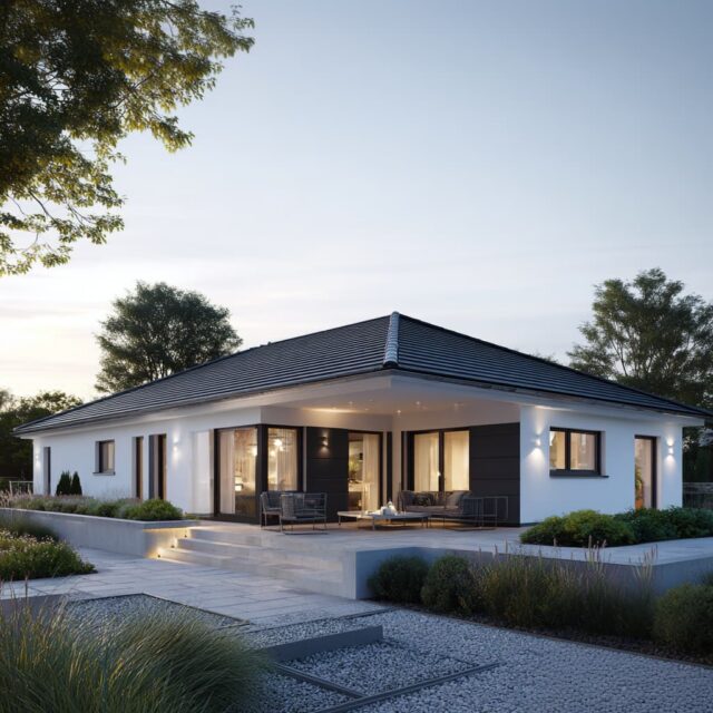 Hausansicht mit Terrasse, Glasfronten und Gartenumgebung