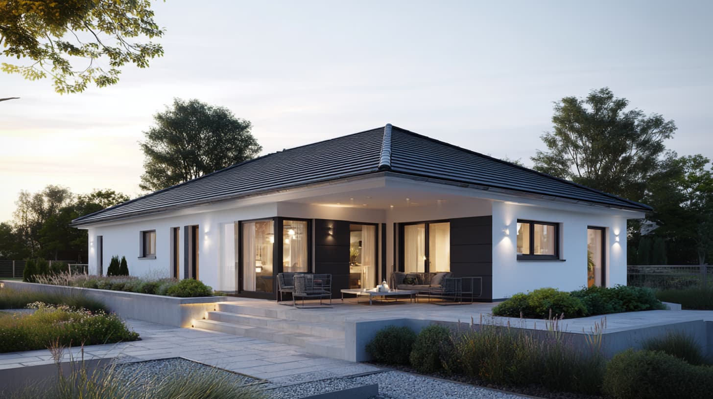 Zeitgemäßer Bungalow mit schlichter Fassadengestaltung und Satteldach