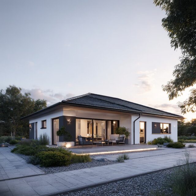 Eingeschossiger Bungalow mit überdachter Terrasse und breiten Fensterflächen