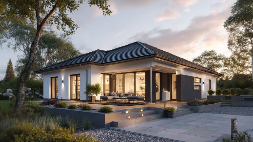 Außenperspektive eines modernen Bungalows im Grünen