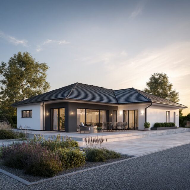 Bungalow mit Satteldach, klarer Formensprache und Terrassenbereich