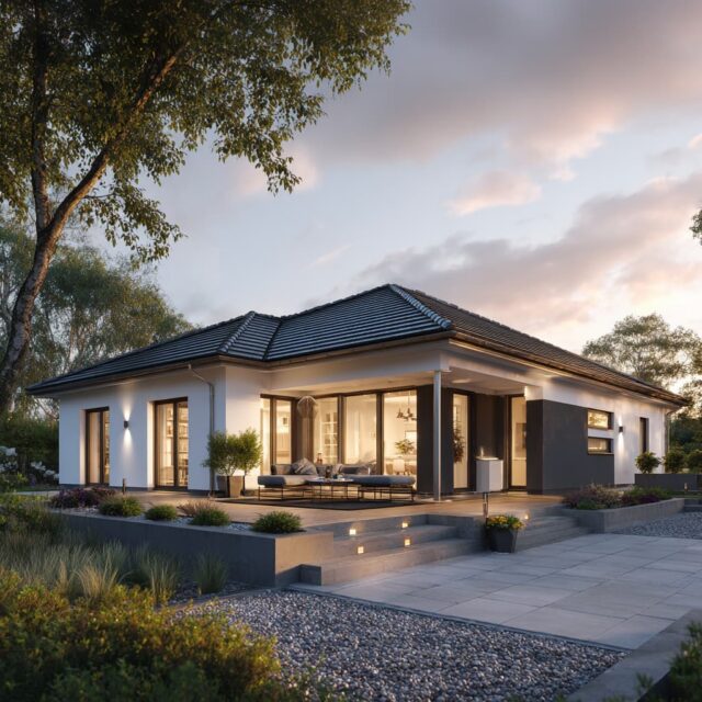 Moderner Bungalow mit befestigtem Zugang und Gartenanlage