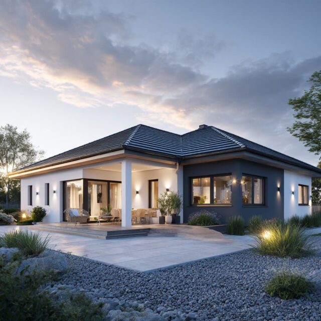 Hausaußenansicht mit großzügigen Fenstern und umlaufender Terrasse