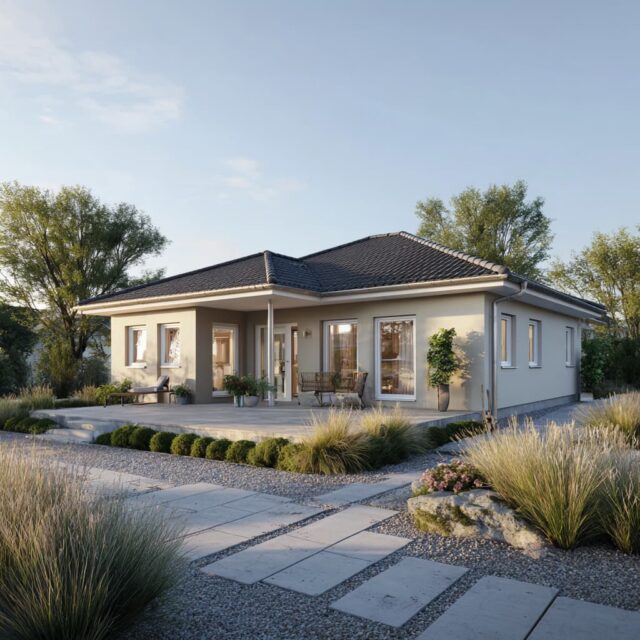 Eingeschossiger Bungalow mit Satteldach und großzügigen Fensterflächen