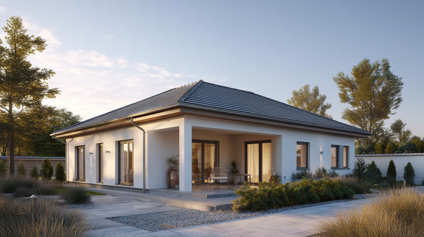 Moderner Bungalow mit klarer Fassadengestaltung und Terrassenfläche