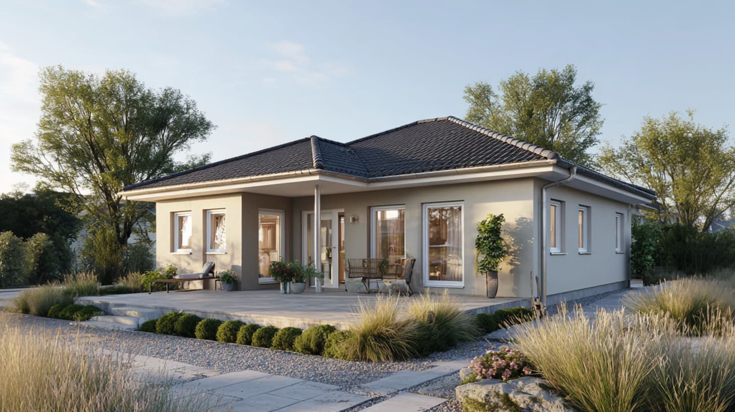 Außenansicht eines Bungalows mit befestigtem Vorbereich