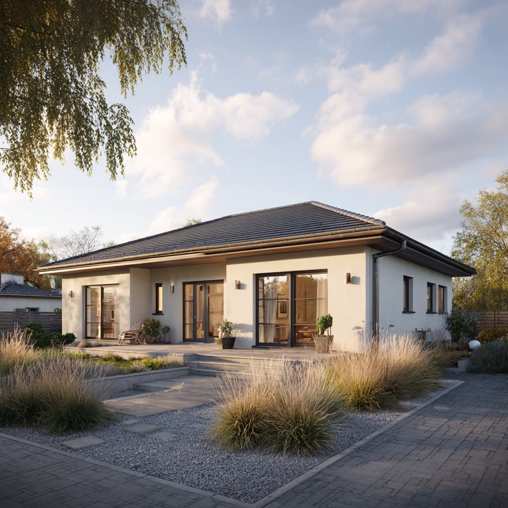 Bungalow mit heller Putzfassade und angrenzender Grünfläche