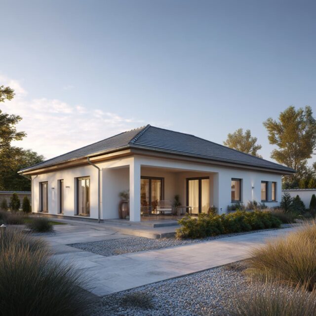 Eingeschossiger Bungalow mit klarer Architektur und Gartenumfeld