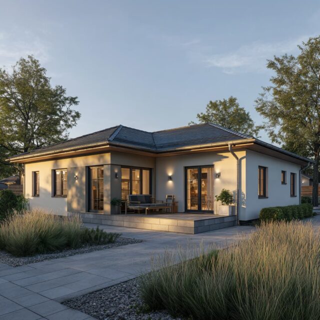 Außenperspektive eines modernen Bungalows mit Terrassenzone