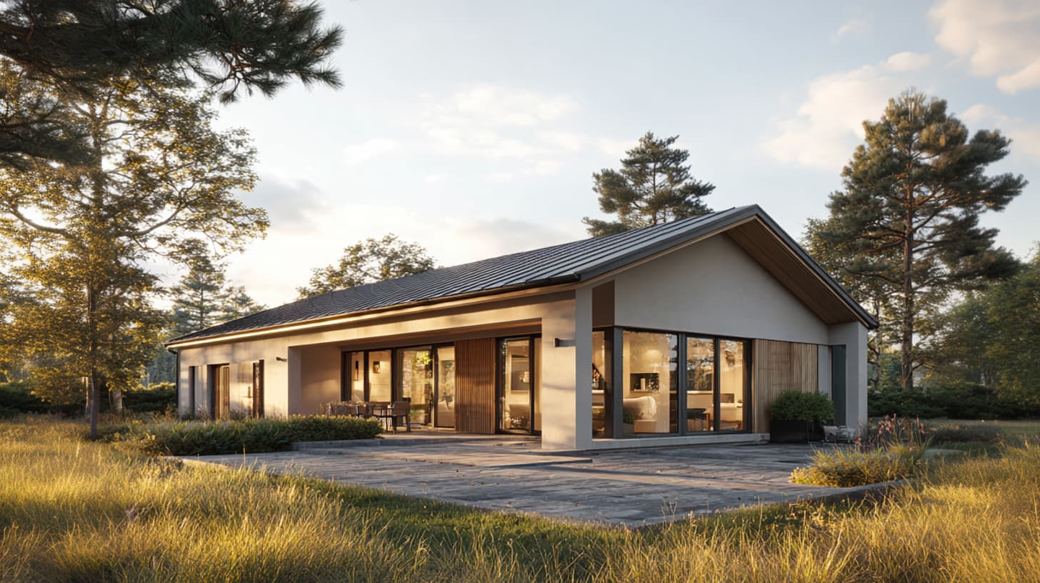 Eingeschossiger Bungalow mit heller Fassade und großen Glasflächen