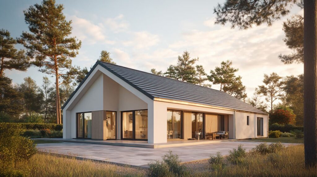 Außenansicht eines Bungalows mit überdachter Terrasse