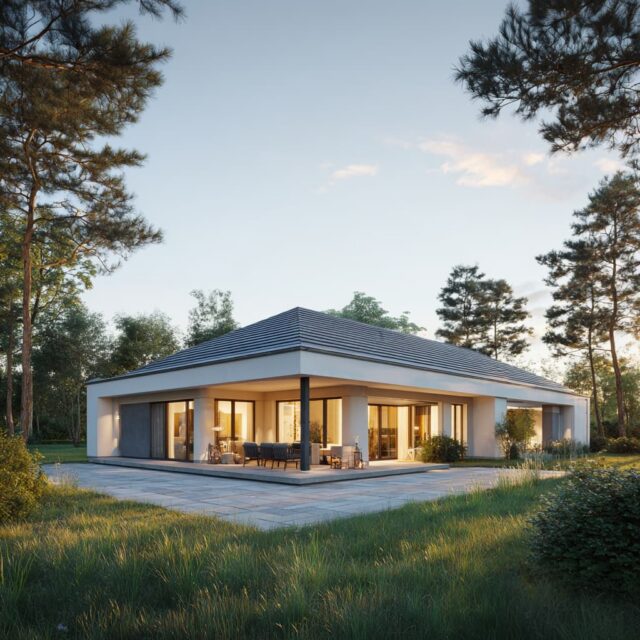 Eingeschossiger Bungalow mit Satteldach und strukturierter Außenfläche